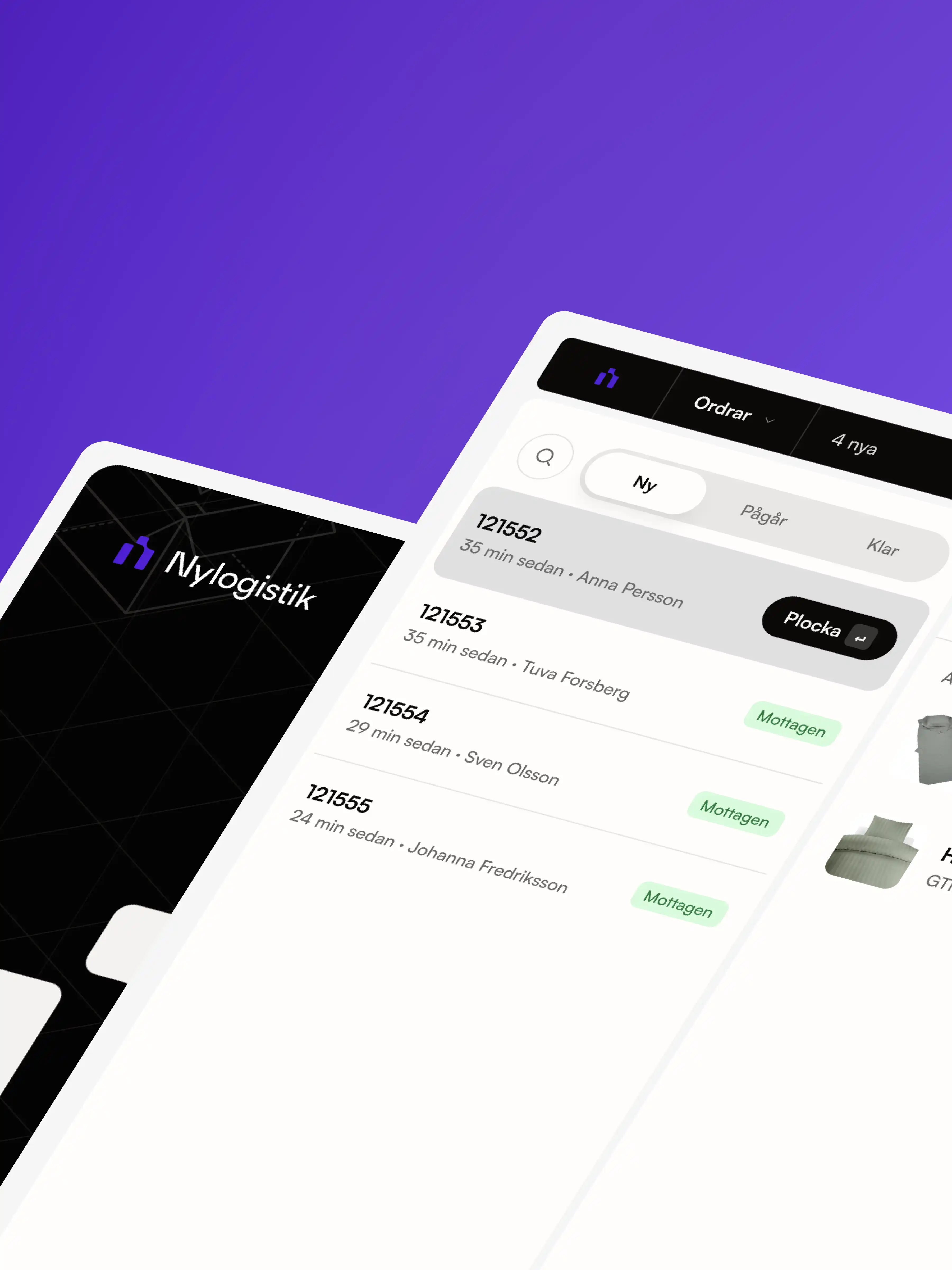 Nylogistik i mobil: orderlistan med plockstatus, och appens startvy